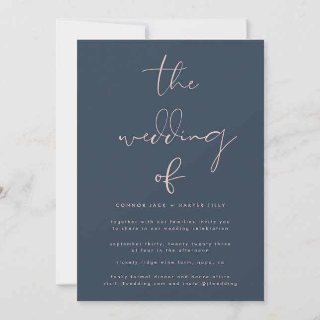 Invitation Rose moderne Dusty Mariage bleu marine (Devant)