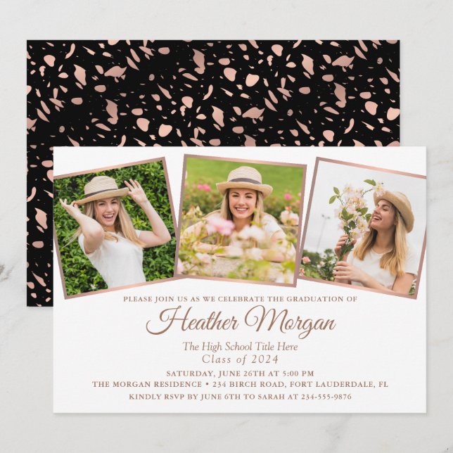 Invitation Rose moderne Gold Black 3 Photo Graduation Party (Devant / Derrière)