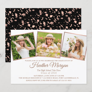 Invitation Rose moderne Gold Black 3 Photo Graduation Party