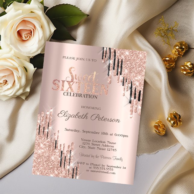 Invitation Rose moderne Gold Black Parties scintillant Drips  (Créateur téléchargé)