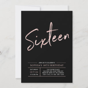 Invitation Rose moderne Gold & Black Sweet 16e fête d'anniver