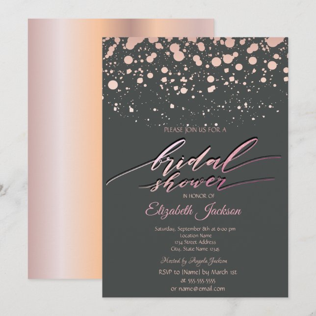 Invitation Rose moderne  Gold Dots Fête des mariées gris (Devant / Derrière)