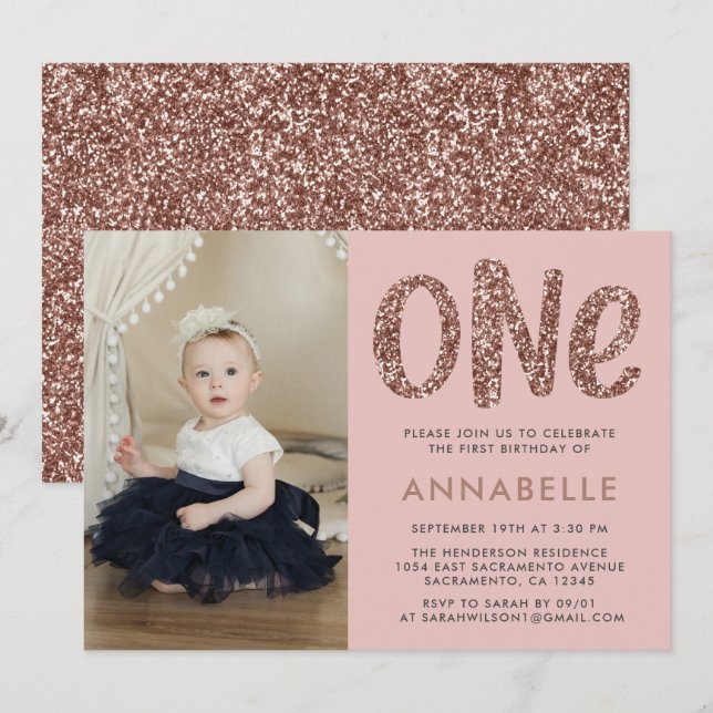 Invitation Rose moderne Gold Faux Parties scintillant Premier (Devant / Derrière)