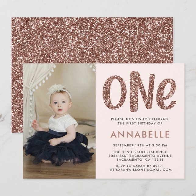 Invitation Rose moderne Gold Faux Parties scintillant Premier (Devant / Derrière)