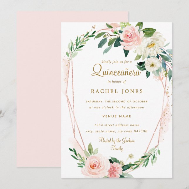 Invitation Rose moderne Gold Floral Wreath Quinceanera (Devant / Derrière)
