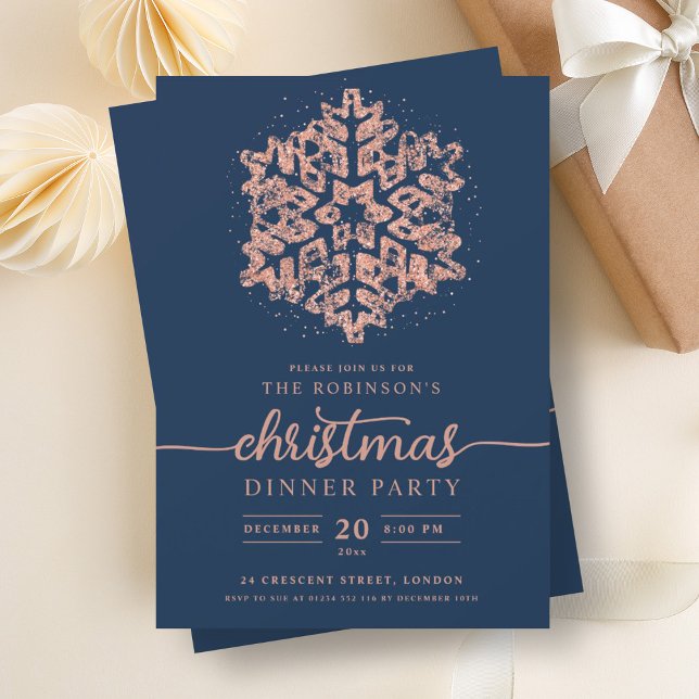 Invitation Rose moderne Gold Hiver Snowflake Noël Marine (Modern Rose Gold Winter Snowflake Christmas Navy Invitation)