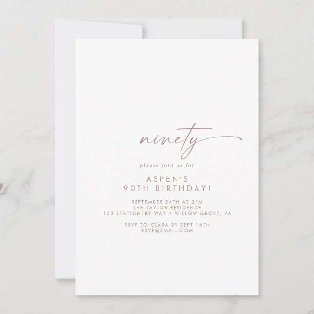 Invitation Rose moderne Gold Script 90e fête d'anniversaire (Devant)