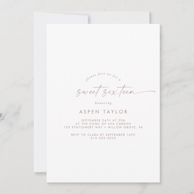 Invitation Rose moderne  Gold Script Sweet sixteen Anniversai (Devant)