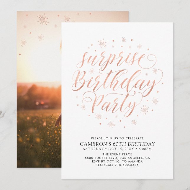 Invitation Rose moderne Gold Surprise Photo Anniversaire (Devant / Derrière)