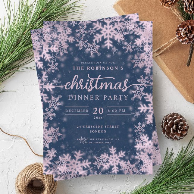 Invitation Rose moderne Gold Winter Wonderland Christmas Navy (Modern Rose Gold Winter Wonderland Christmas Navy Invitation)