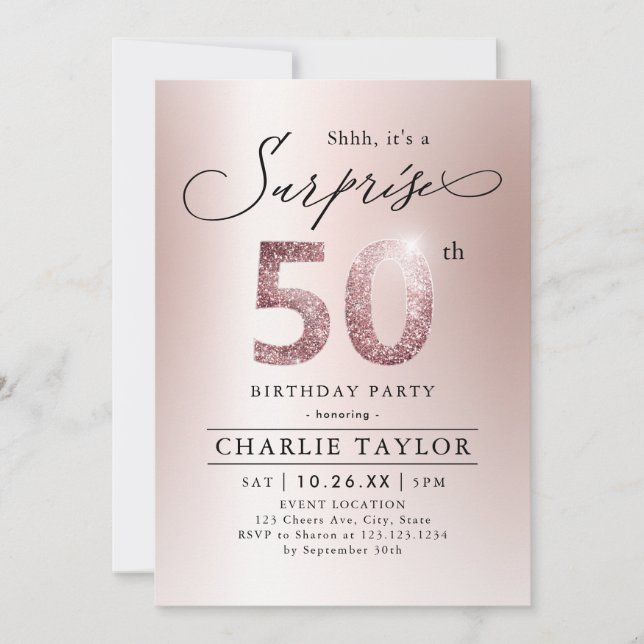 Invitation Rose moderne or adulte surprise 50e anniversaire (Devant)