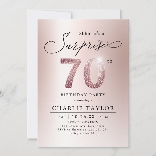 Invitation Rose moderne or adulte surprise 70e anniversaire (Devant)