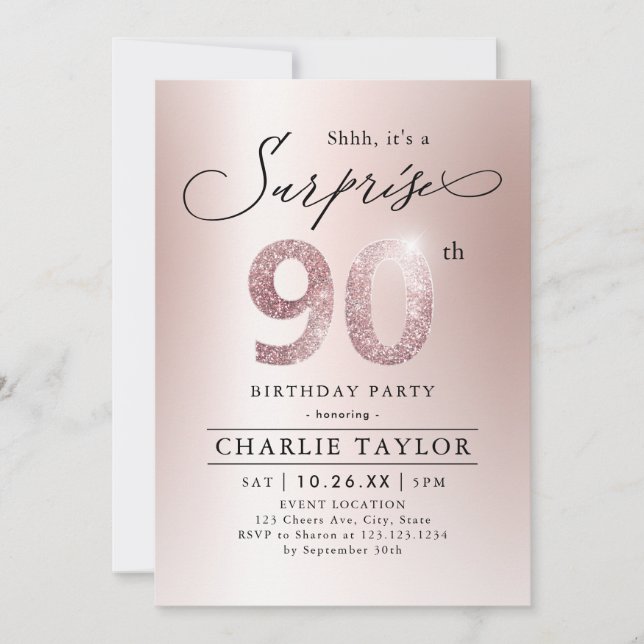 Invitation Rose moderne or adulte surprise 90e anniversaire (Devant)