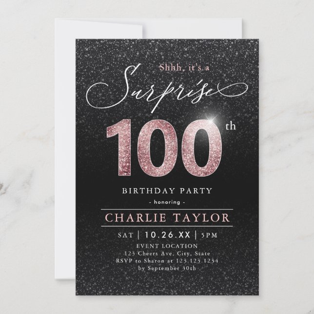 Invitation Rose moderne or noir surprise 100e anniversaire (Devant)