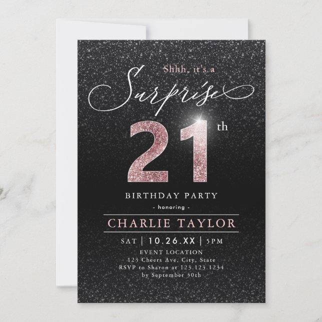 Invitation Rose moderne or noir surprise 21e anniversaire (Devant)