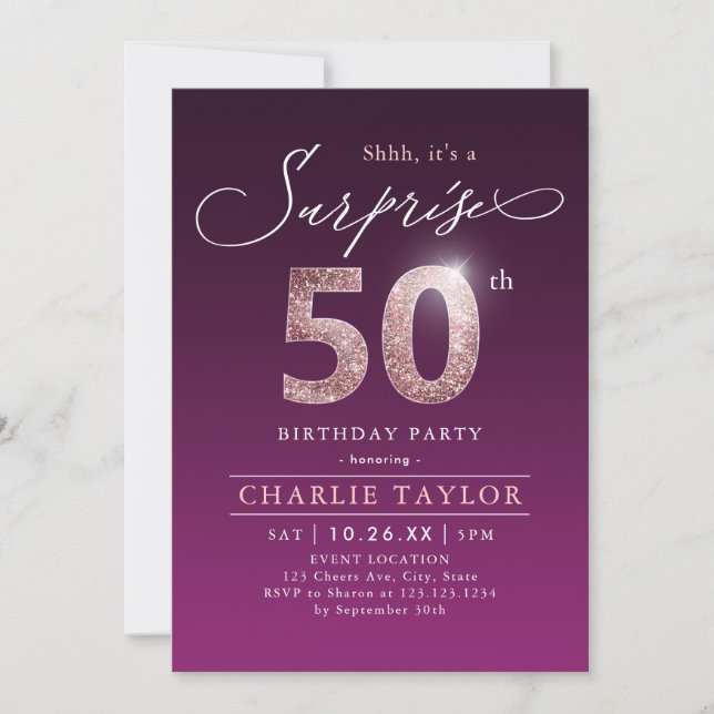 Invitation Rose moderne or violet surprise 50e anniversaire d (Devant)