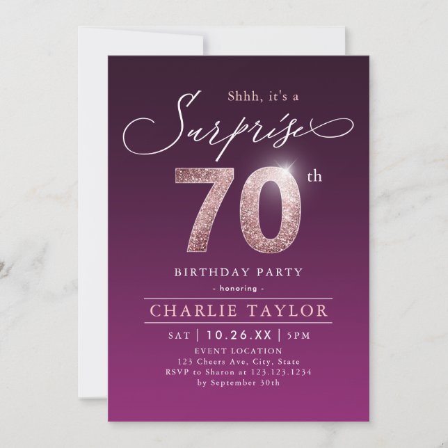 Invitation Rose moderne or violet surprise 70e anniversaire (Devant)