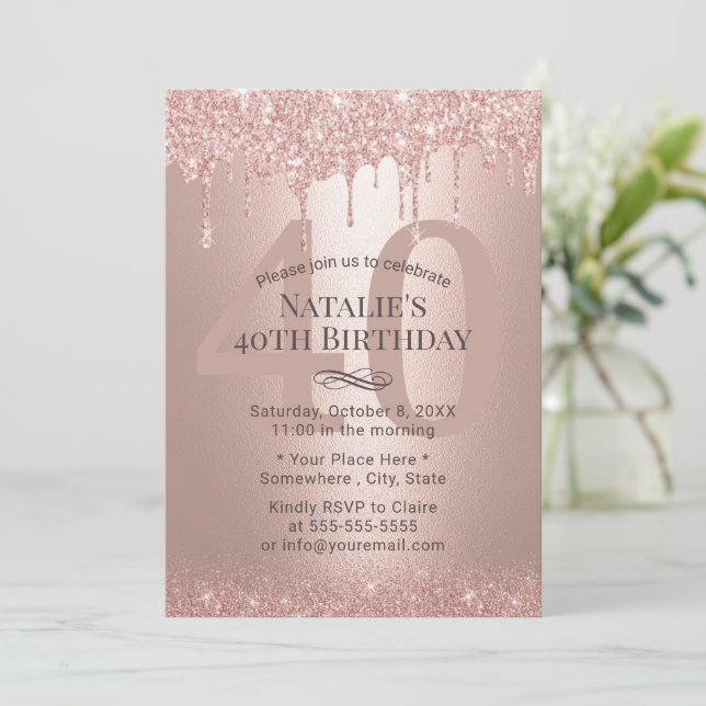 Invitation Rose moderne Parties scintillant or Drips fille 40 (Debout devant)
