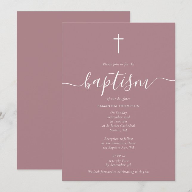Invitation Rose moderne roux rose Christening Baptême (Devant / Derrière)