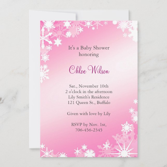Invitation rose molle de baby shower de flocons de (Devant)