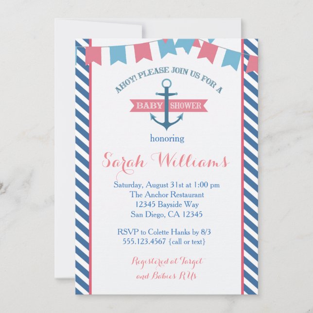 Invitation Rose nautique et bleu d'invitation de baby shower (Devant)