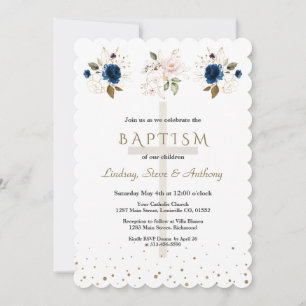 Invitation Rose Navy Blue Floral Or Triplets Baptême