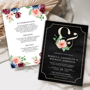 Invitation Rose Navy Noir Bourgogne Floral Ampersand Mariage