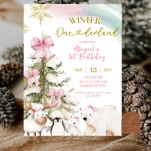 Invitation Rose neige hiver animal arctique premier anniversa