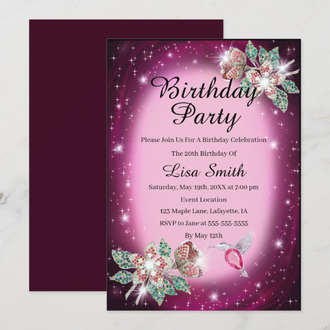 Invitation Rose n'importe quel âge Bling Floral Bird Annivers (Devant / Derrière)
