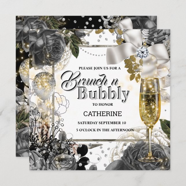 Invitation Rose noir blanc argent shabby chic parties scintil (Devant / Derrière)