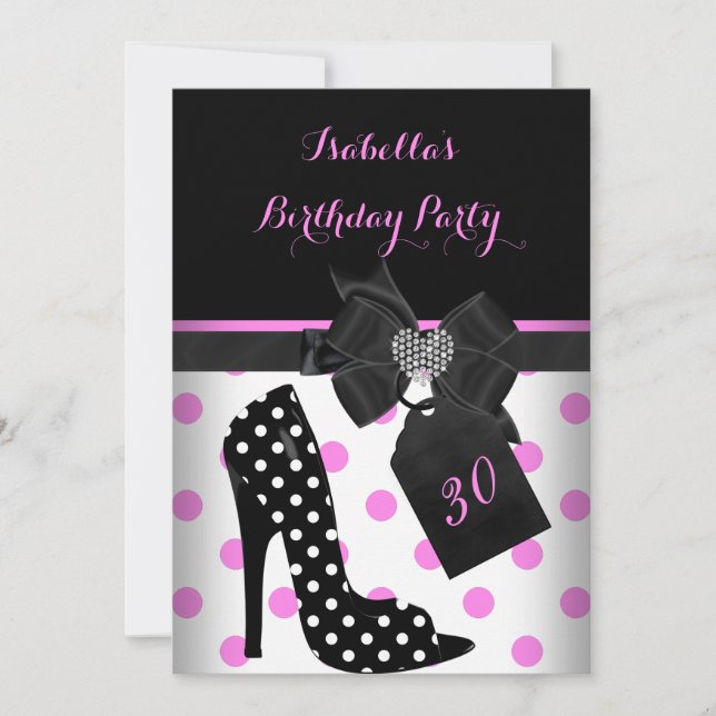 Invitation Rose Noir Blanc Coeur Pois Talons Anniversaire (Devant)