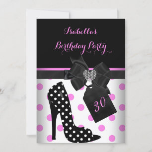 Invitation Rose Noir Blanc Coeur Pois Talons Anniversaire