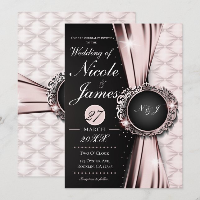 Invitation Rose Noir & Blanc Élégant Mariage Ou Événement De  (Devant / Derrière)