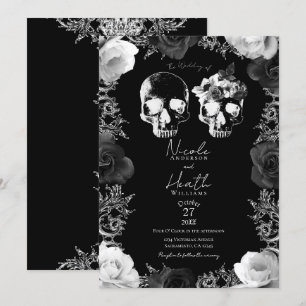 Invitation Rose noir blanc squelette crâne Mariage gothique