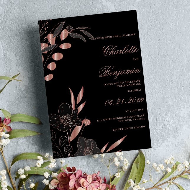 Invitation Rose noir classique or or élégant mariage à fleurs (Classic black rose gold elegant floral wedding)