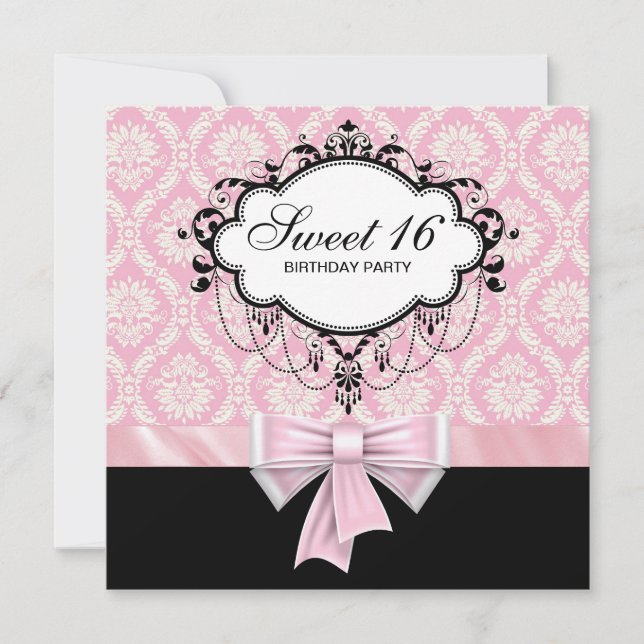 Invitation Rose Noir Damask Sweet 16 Anniversaire (Devant)