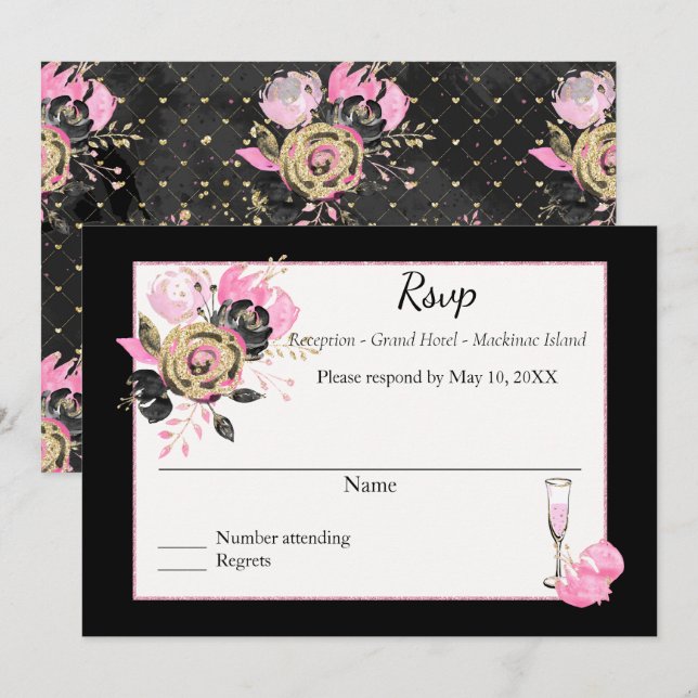 Invitation Rose, noir et or floral Rsvp. (Devant / Derrière)