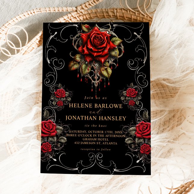Invitation Rose noir floral Moody Mariage gothique  (Rose Black Floral Moody Gothic Wedding Invitation)