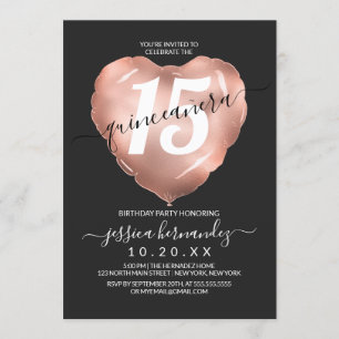 Invitation Rose noir Gold Foil Coeur Balloon Quinceañera