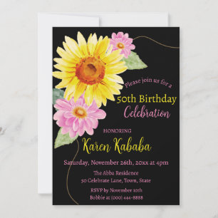 Invitation Rose Noir Jaune Tournesol Daisy Floral Anniversair