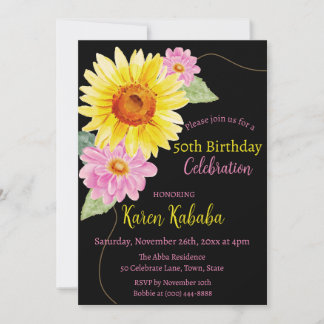 Invitation Rose Noir Jaune Tournesol Daisy Floral Anniversair