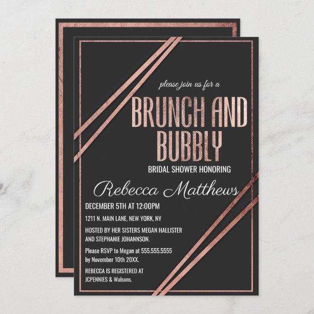 Invitation Rose Noir Moderne Gold Chic Brunch Linear Bubbly (Devant / Derrière)