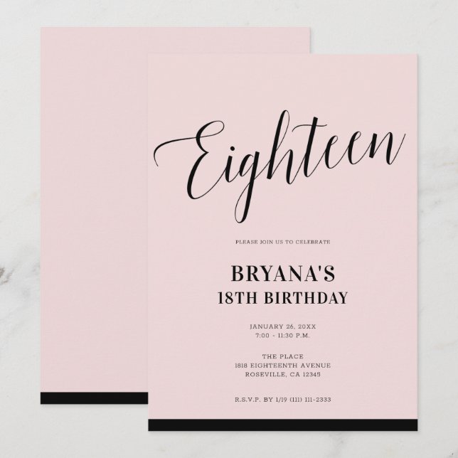 Invitation Rose Noir Moderne Minimal Script Dix-Huit 18 18ème (Devant / Derrière)