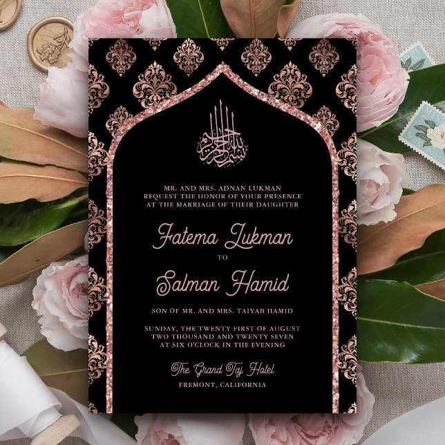 Invitation Rose noir or Damask Arch Mariage musulman (Créateur téléchargé)