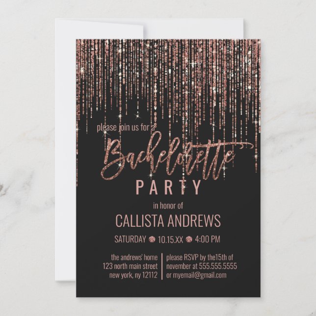Invitation Rose noir Parties scintillant or Fringe Bacheloret (Devant)