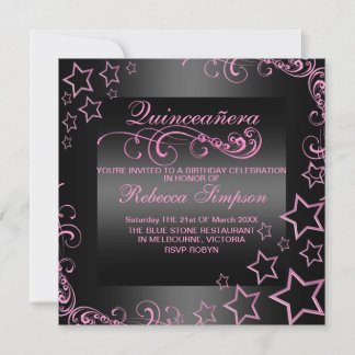 Invitation rose/noir Quinceañera Star & Swirl