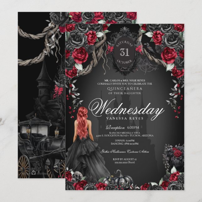 Invitation Rose noir Rouge Quinceañera Gothique Halloween (Devant / Derrière)