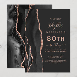 Invitation Rose Noire Agate Dorée Fête des 80 ans Sombre