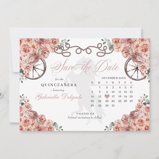 Invitation Rose Occidental Gold Charro Quinceañera Enregistre (Devant)