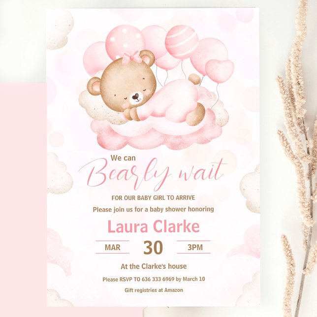 Invitation Rose on peut attendre prématurément fille ours Bab (Pink We Can Bearly Wait Girl Bear Baby Shower Invitation)